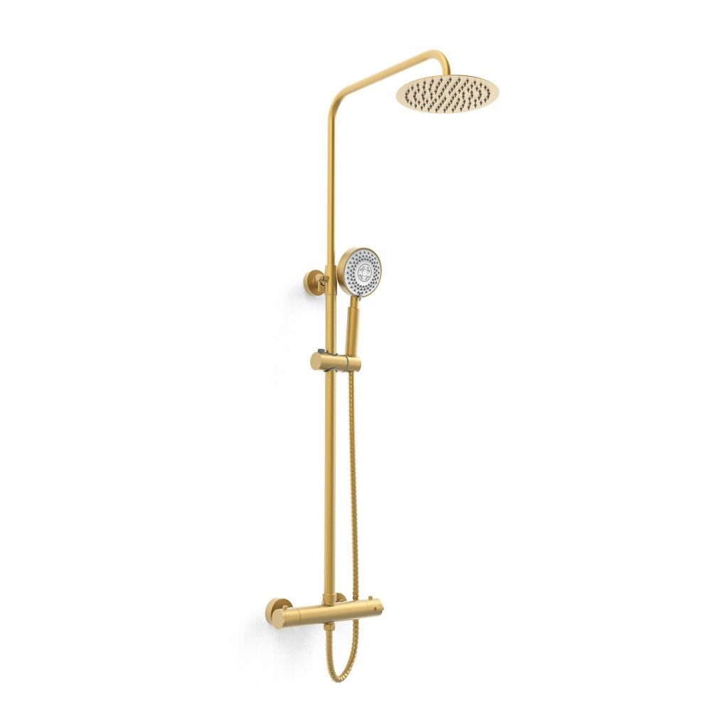 Ottone Round Thermostatic Exposed Bar Shower with Ultra Slim Ovehead Drencher and Sliding Handset Brushed Brass